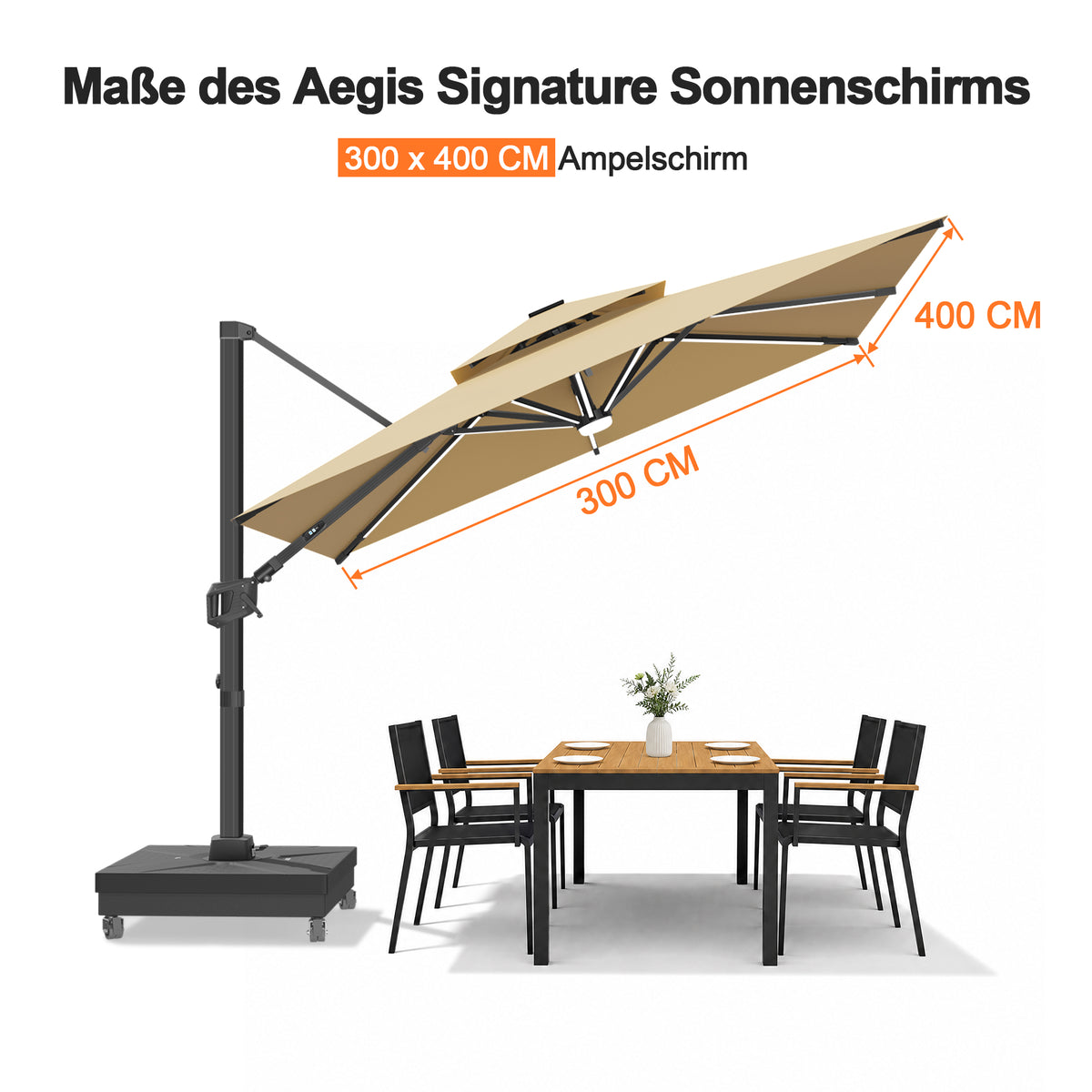 Patioslife Aegis Signature Drehbarer Ampelschirm mit verstellbarem Neigungswinkel | Großer Sonnenschirm für Garten, Terrasse & Poolbereich | Inkl. Premium-Schutzhülle