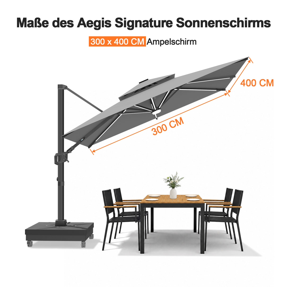 Patioslife Aegis Signature Drehbarer Ampelschirm mit verstellbarem Neigungswinkel | Großer Sonnenschirm für Garten, Terrasse & Poolbereich | Inkl. Premium-Schutzhülle