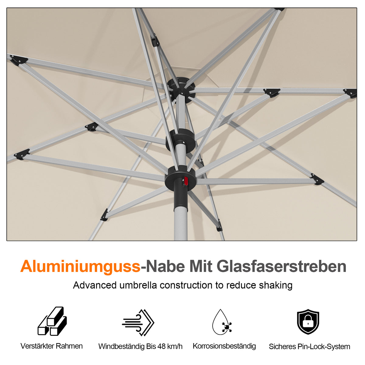 Patioslife Sonnenschirm – quadratisch & rund | Robuster Aluminiummast, doppelt belüftetes Schirmdach | 2,7 m, 3 m & 3,35 m