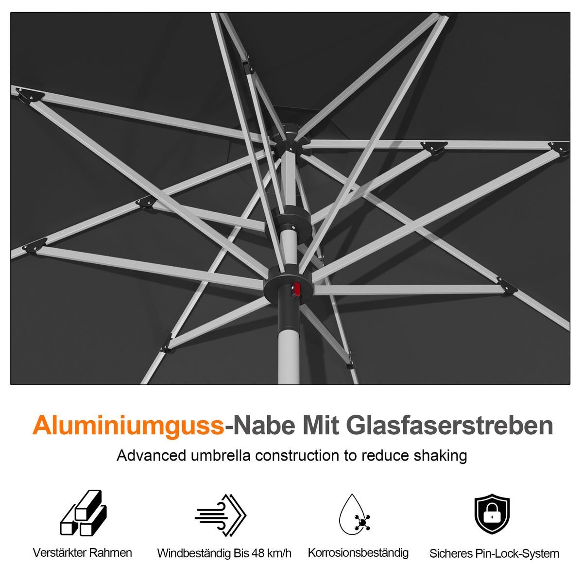 Patioslife Sonnenschirm – quadratisch & rund | Robuster Aluminiummast, doppelt belüftetes Schirmdach | 2,7 m, 3 m & 3,35 m