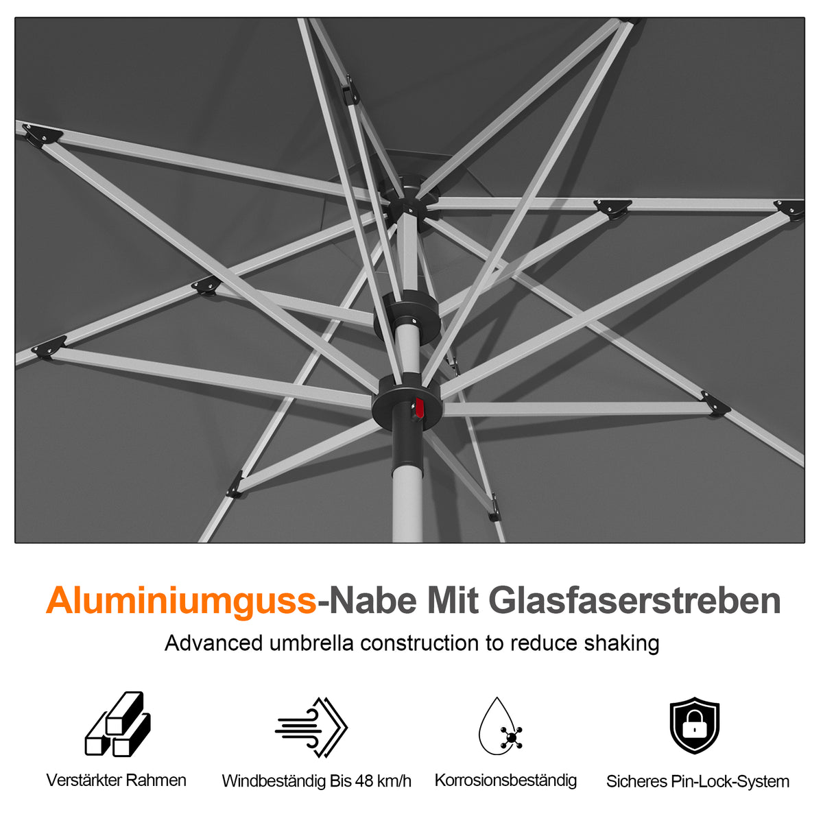 Patioslife Sonnenschirm – quadratisch & rund | Robuster Aluminiummast, doppelt belüftetes Schirmdach | 2,7 m, 3 m & 3,35 m
