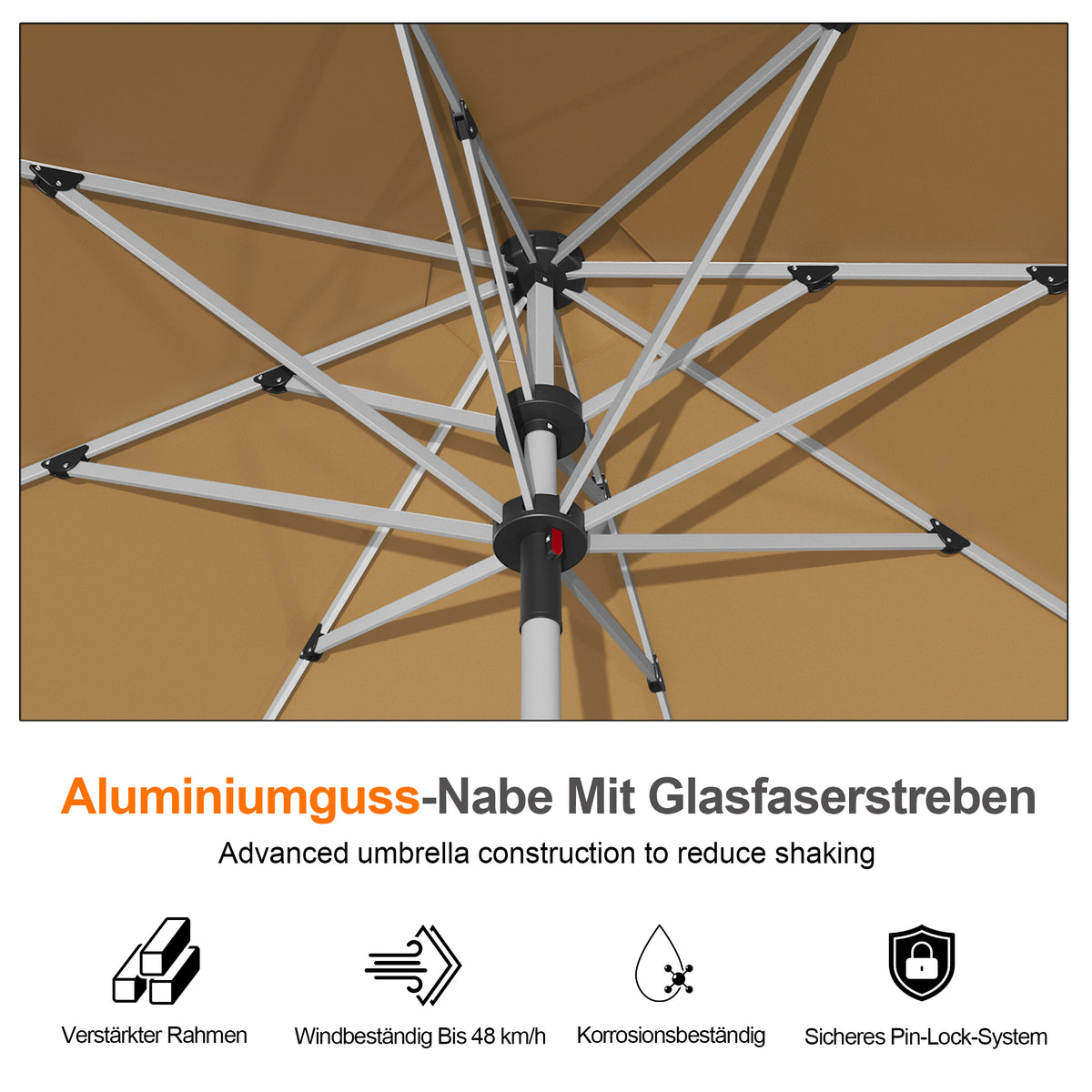 Patioslife Sonnenschirm – quadratisch & rund | Robuster Aluminiummast, doppelt belüftetes Schirmdach | 2,7 m, 3 m & 3,35 m