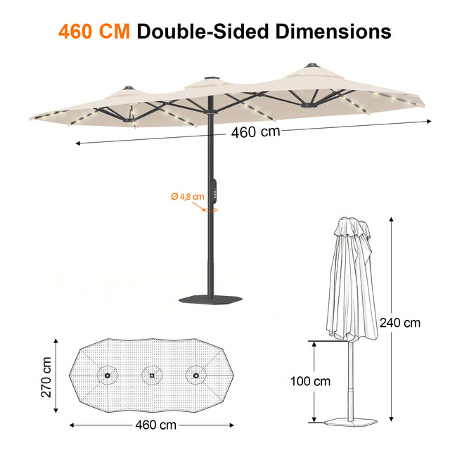 Patioslife Aegis – Motorisierter Doppeldach-Sonnenschirm mit Fernbedienung, UPF 50+, Solar-LED-Beleuchtung und sturmfestem Gestell