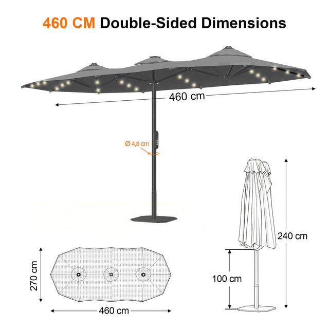 Patioslife Aegis – Motorisierter Doppeldach-Sonnenschirm mit Fernbedienung, UPF 50+, Solar-LED-Beleuchtung und sturmfestem Gestell