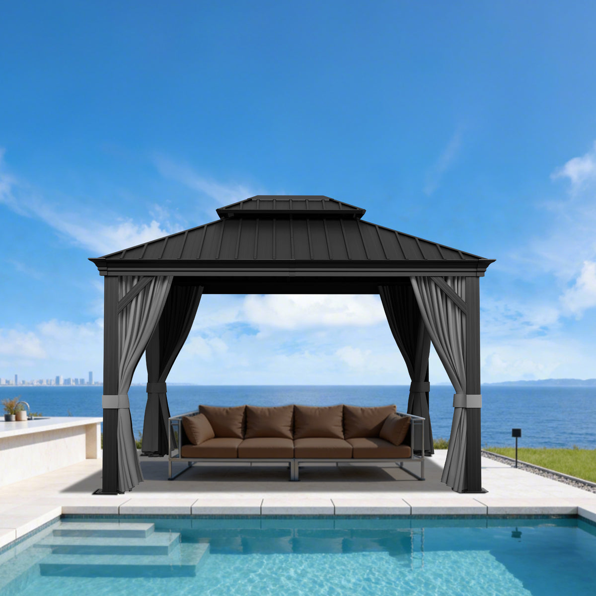 Patioslife Haven Aluminium-Pavillon – Hartdach, Entwässerung & Doppelbelüftung – Mit Vorhängen, Luxus-Garten-Pergola