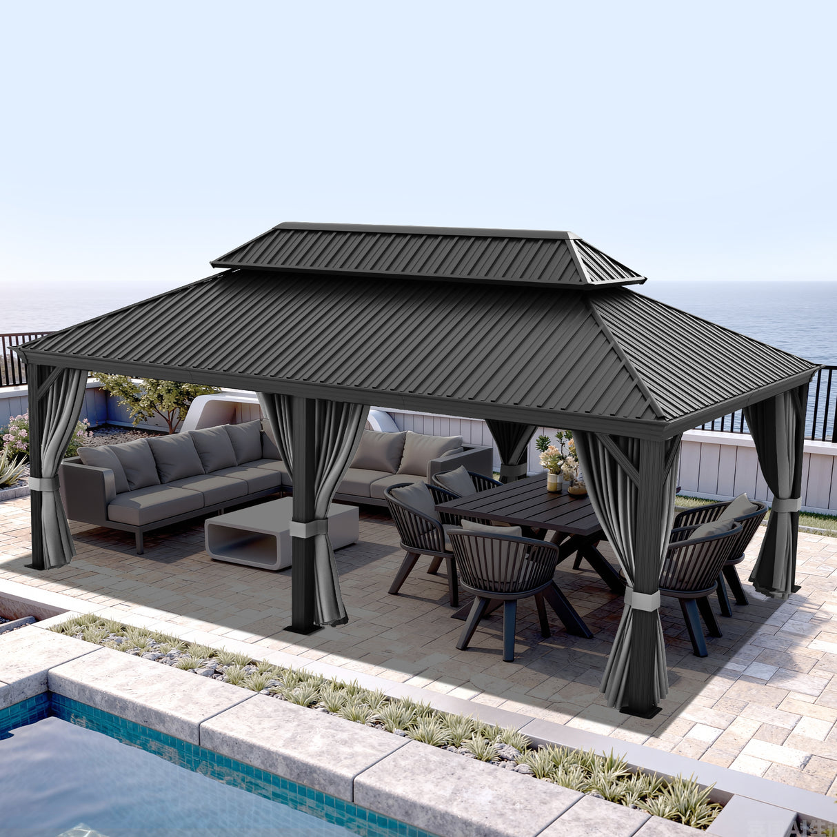 Patioslife Haven Gartenpavillon – Outdoor-Lounge mit Doppelbelüftung & Sichtschutzvorhängen – Eleganz & Komfort