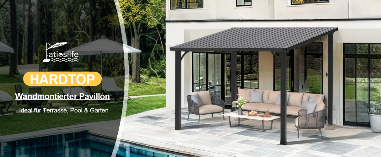 Patioslife Haven™ Hardtop-Pavillon aus Aluminium – wandmontiert mit festem Dach, für Garten und Terrasse