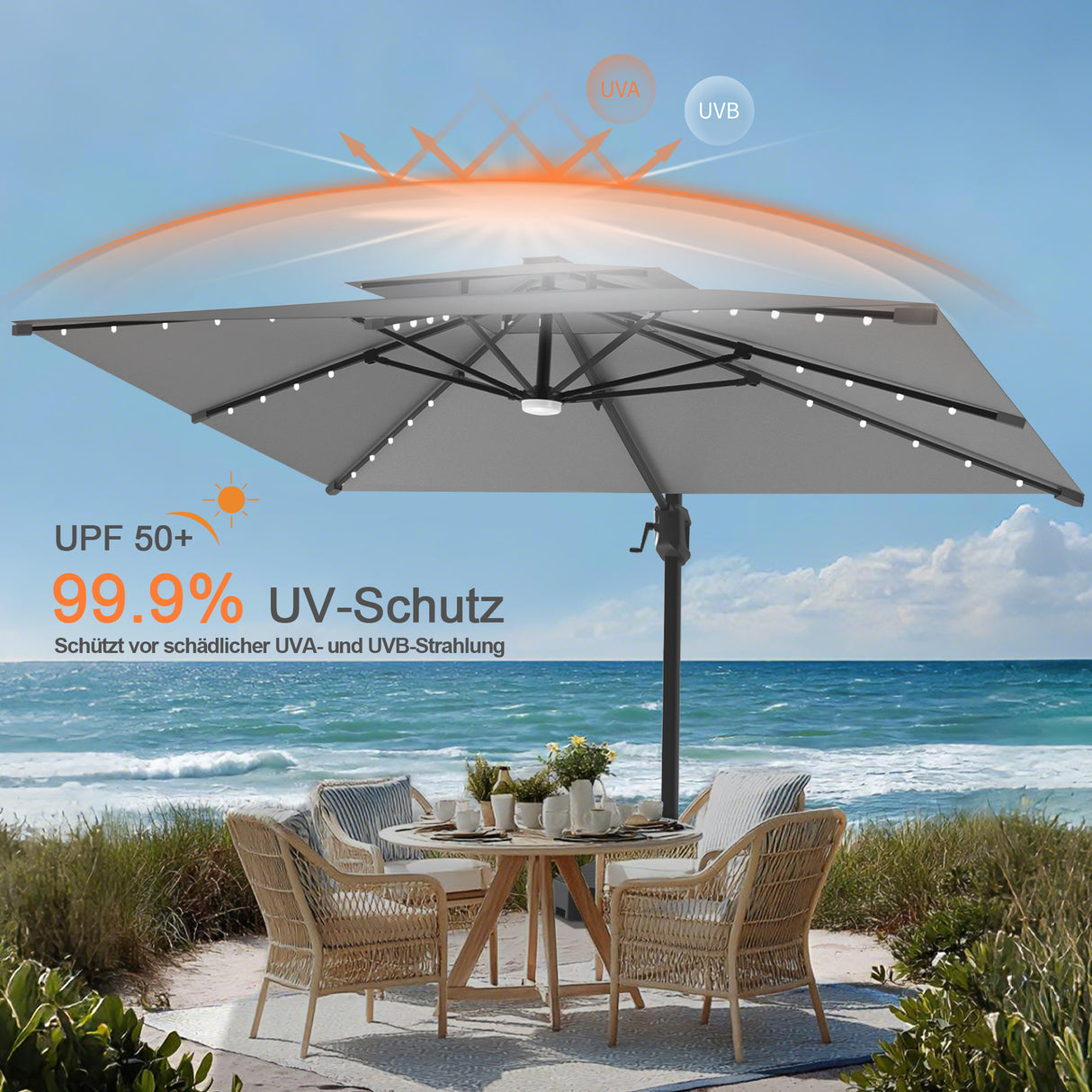 Patioslife Aegis Pro Ampelschirm mit LED-Beleuchtung – verstärkte, pulverbeschichtete Aluminiumkonstruktion für Garten und Terrasse