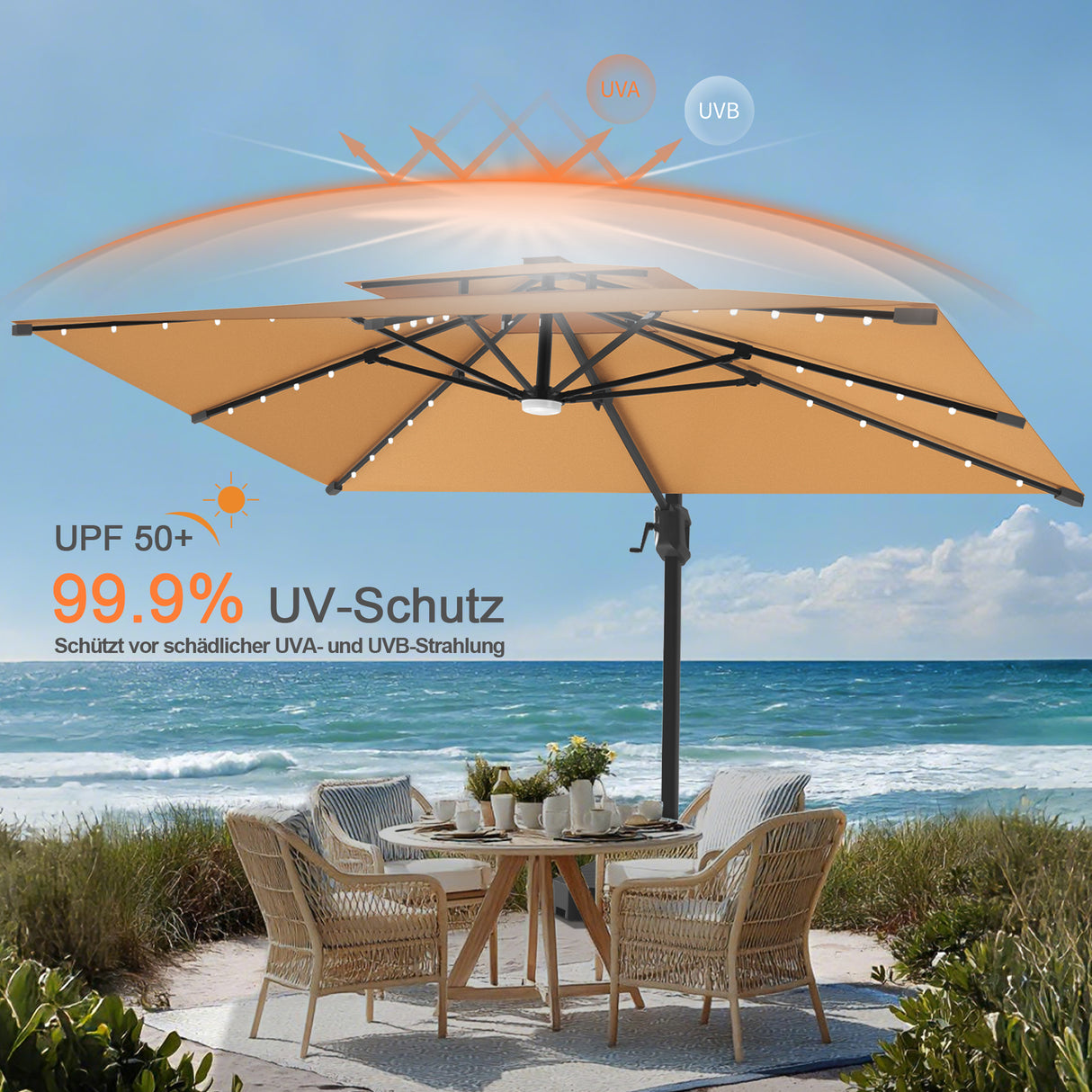 Patioslife Aegis Pro Ampelschirm mit LED-Beleuchtung – verstärkte, pulverbeschichtete Aluminiumkonstruktion für Garten und Terrasse