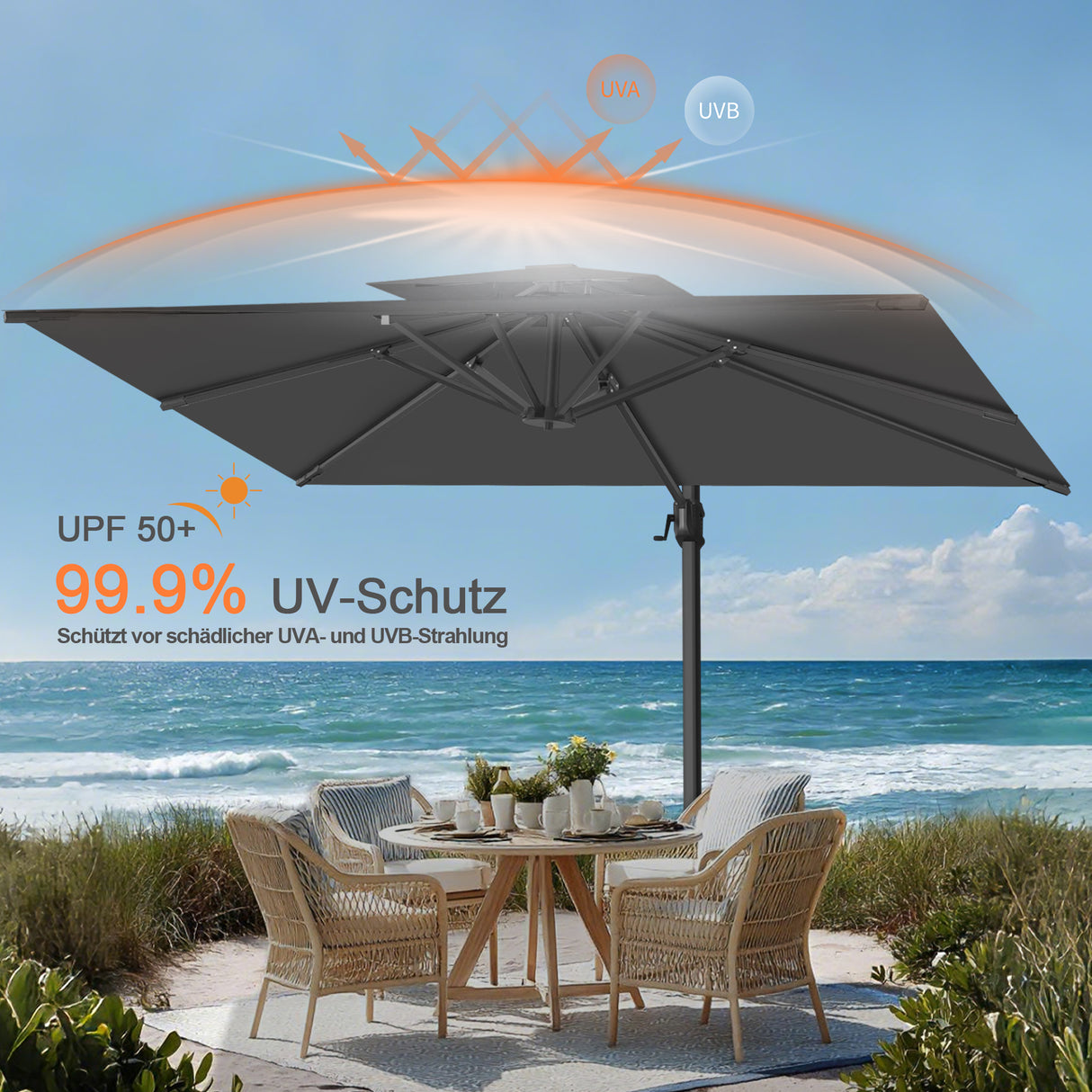 Patioslife Aegis Pro Ampelschirm -moderner Sonnenschirm mit Kreuzfuß und verstärktem Aluminiumgestell für Garten und Terrasse.