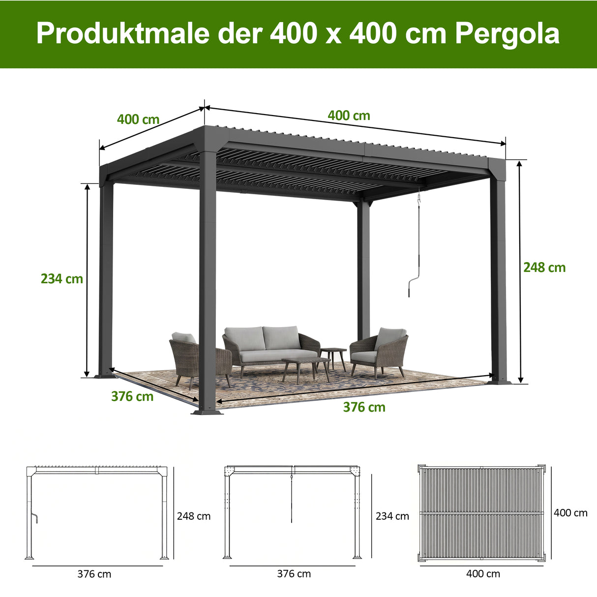 Patioslife Atlantic Aluminium-Lamellenpergola – freistehende Pergola mit verstellbarem Lamellendach