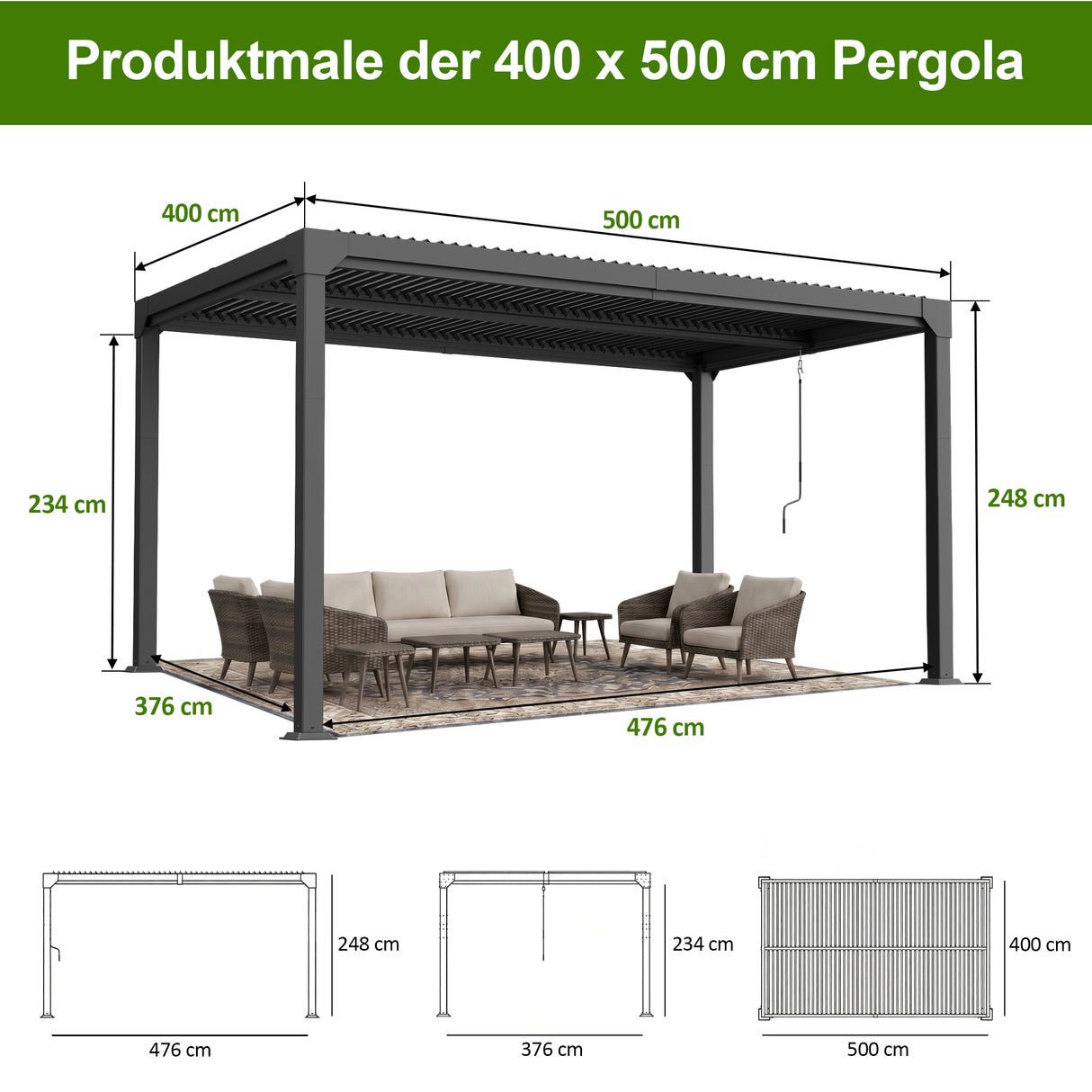 Patioslife Atlantic Aluminium-Lamellenpergola – freistehende Pergola mit verstellbarem Lamellendach