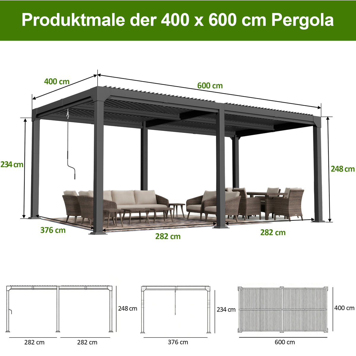 Patioslife Atlantic Aluminium-Lamellenpergola – freistehende Pergola mit verstellbarem Lamellendach