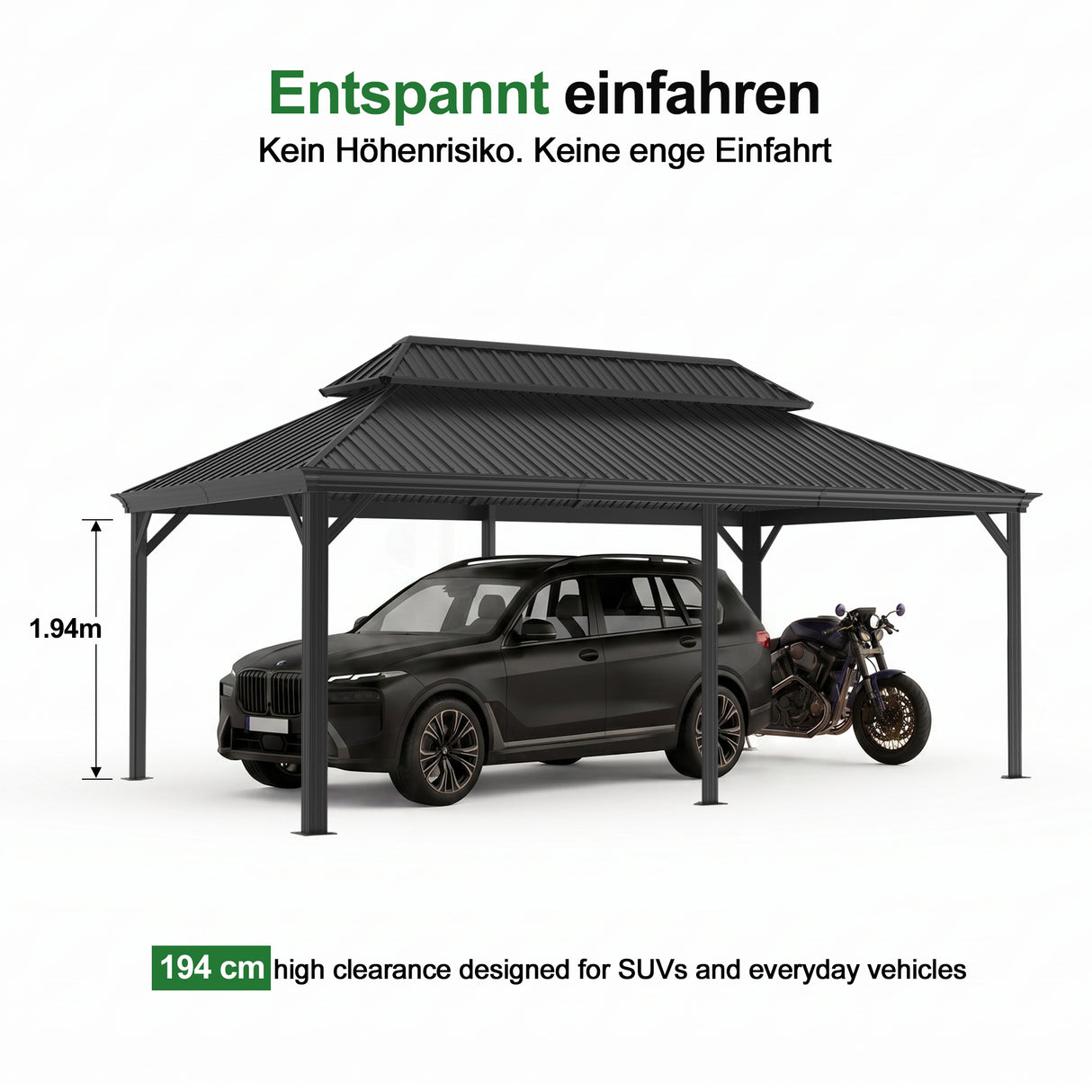 Patioslife Aluminium-Carport mit Stahldach – Wetterfester Fahrzeug-Unterstand für Auto, Motorrad & Wohnmobil