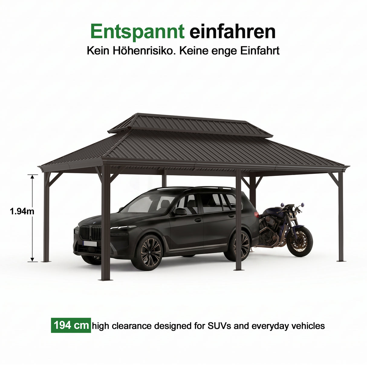 Patioslife Aluminium-Carport mit Stahldach – Wetterfester Fahrzeug-Unterstand für Auto, Motorrad & Wohnmobil