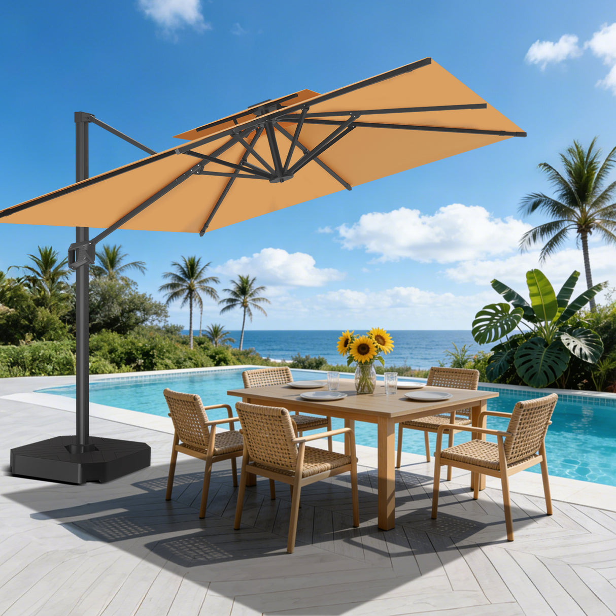 Patioslife Aegis Pro Ampelschirm -moderner Sonnenschirm mit Kreuzfuß und verstärktem Aluminiumgestell für Garten und Terrasse.