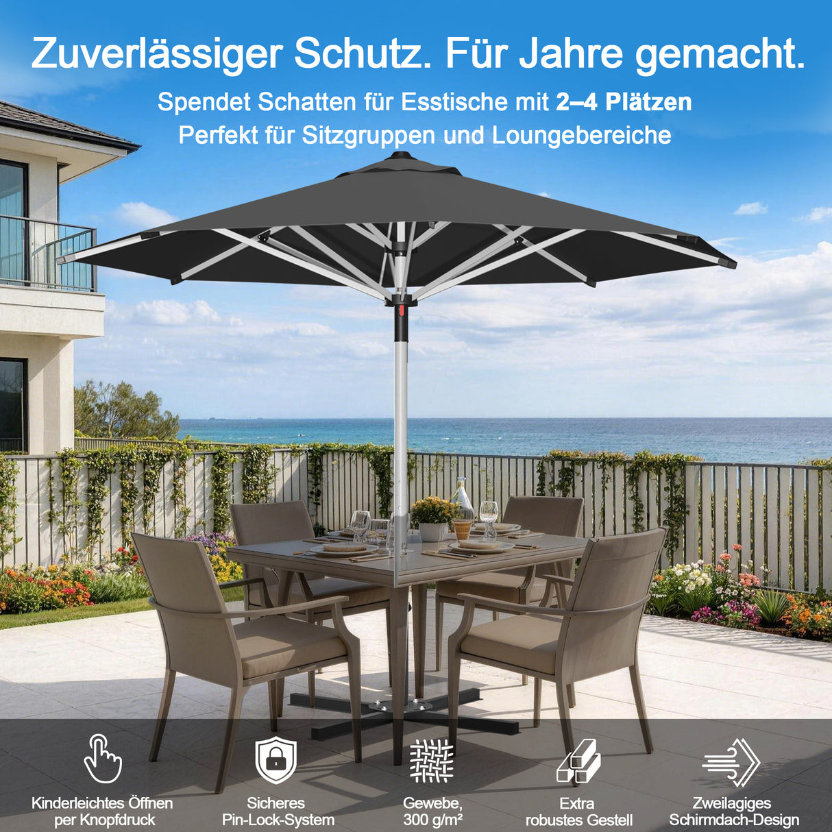 Patioslife Sonnenschirm – quadratisch & rund | Robuster Aluminiummast, doppelt belüftetes Schirmdach | 2,7 m, 3 m & 3,35 m
