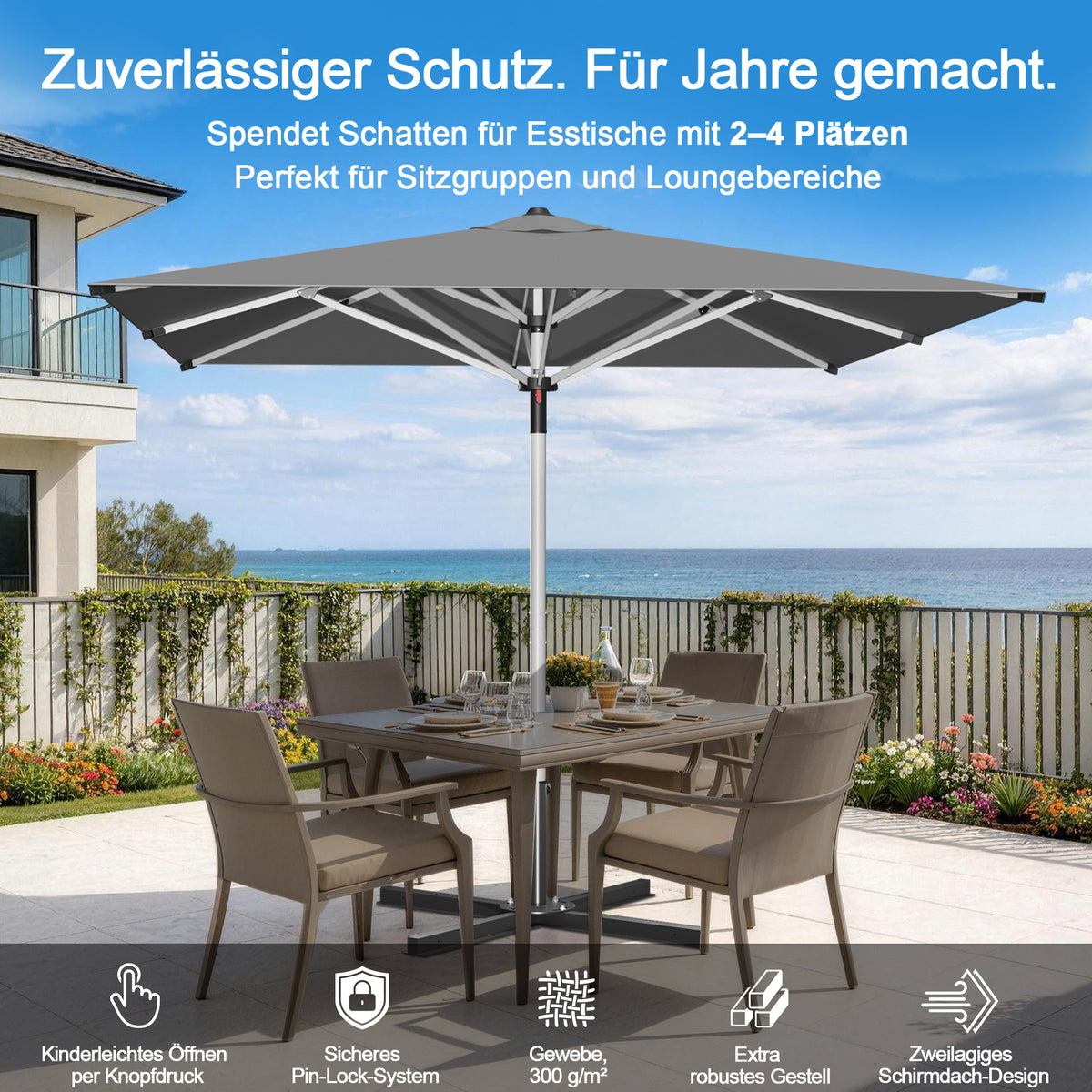 Patioslife Sonnenschirm – quadratisch & rund | Robuster Aluminiummast, doppelt belüftetes Schirmdach | 2,7 m, 3 m & 3,35 m