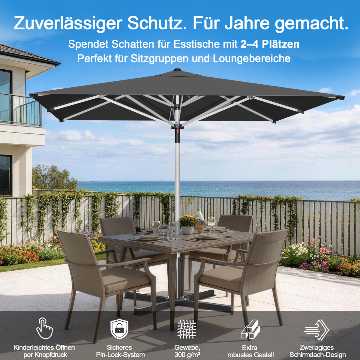 Patioslife Sonnenschirm – quadratisch & rund | Robuster Aluminiummast, doppelt belüftetes Schirmdach | 2,7 m, 3 m & 3,35 m