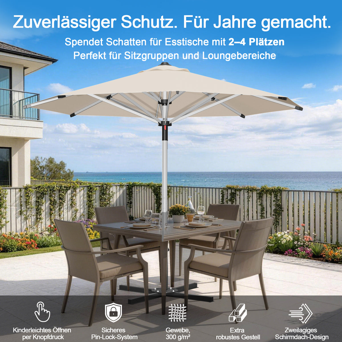 Patioslife Sonnenschirm – quadratisch & rund | Robuster Aluminiummast, doppelt belüftetes Schirmdach | 2,7 m, 3 m & 3,35 m