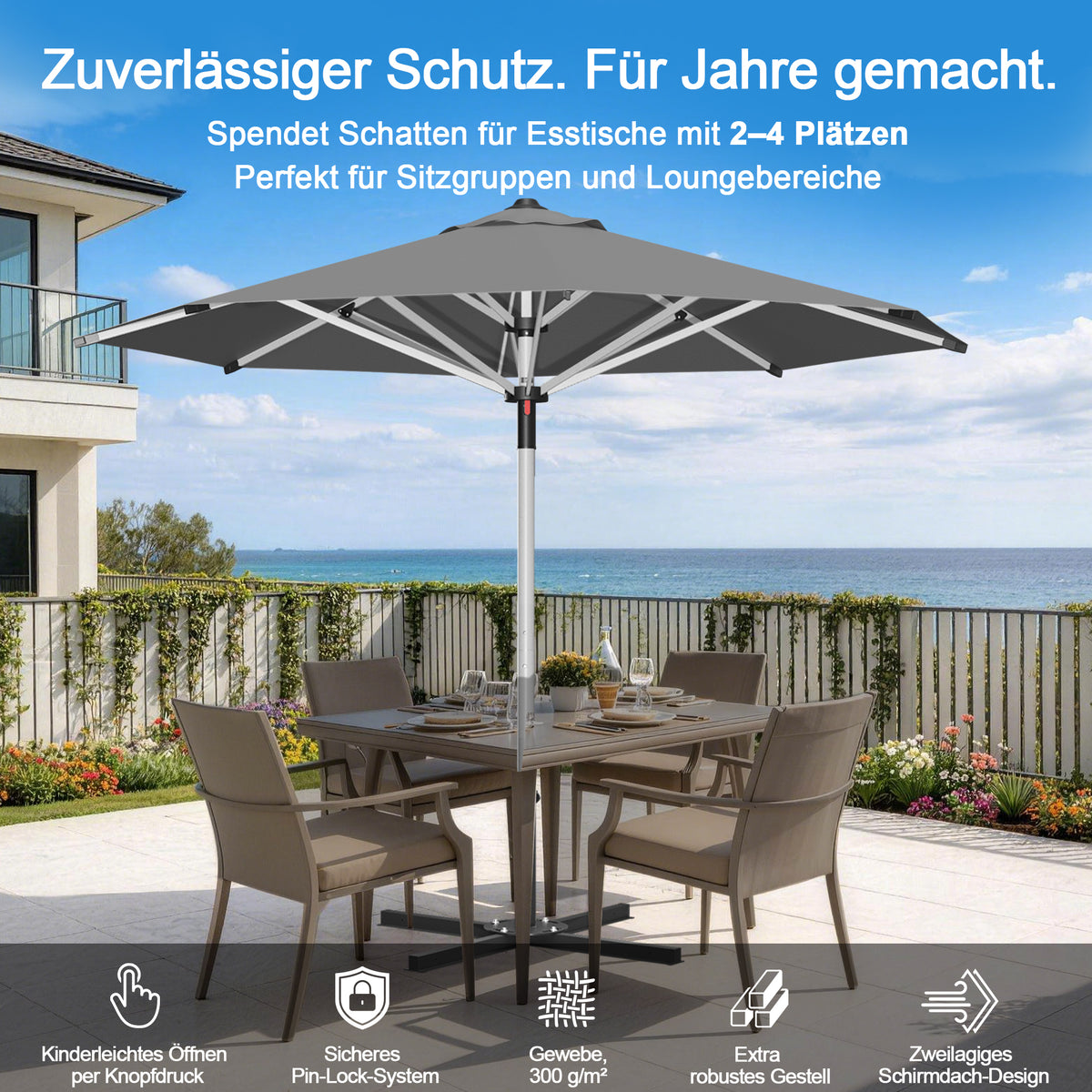 Patioslife Sonnenschirm – quadratisch & rund | Robuster Aluminiummast, doppelt belüftetes Schirmdach | 2,7 m, 3 m & 3,35 m