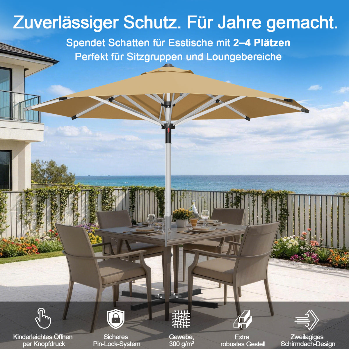 Patioslife Sonnenschirm – quadratisch & rund | Robuster Aluminiummast, doppelt belüftetes Schirmdach | 2,7 m, 3 m & 3,35 m