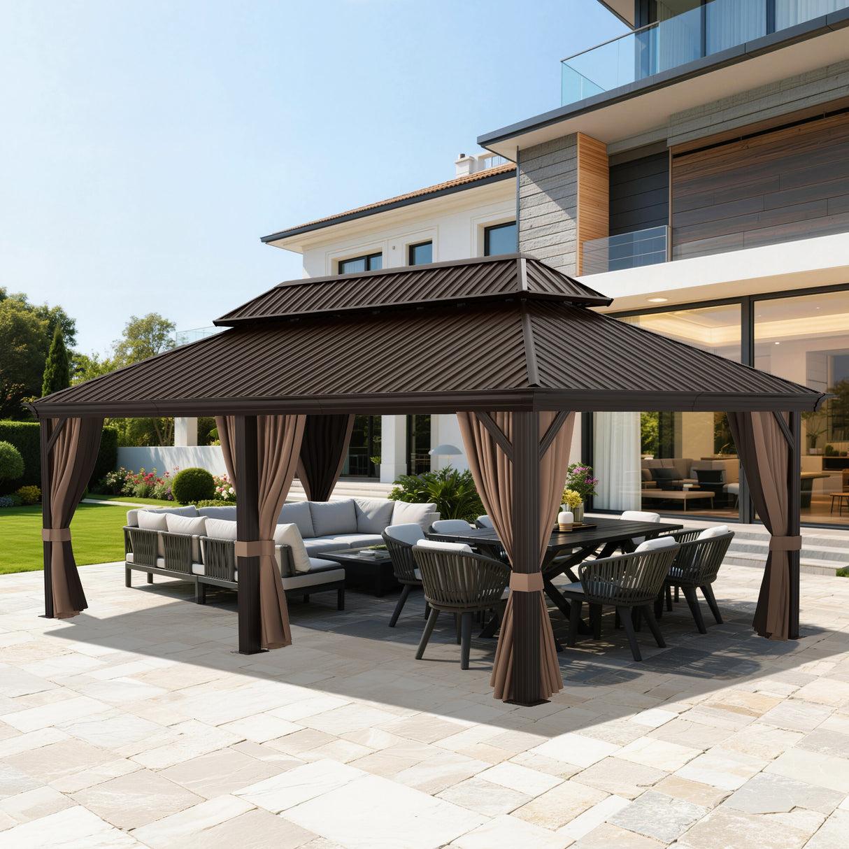 Patioslife Luxury Haven Hardtop-Pavillon aus Aluminium – 12x12 cm starke Pfosten, integrierte Entwässerung & doppelt belüftetes Dach mit Vorhängen