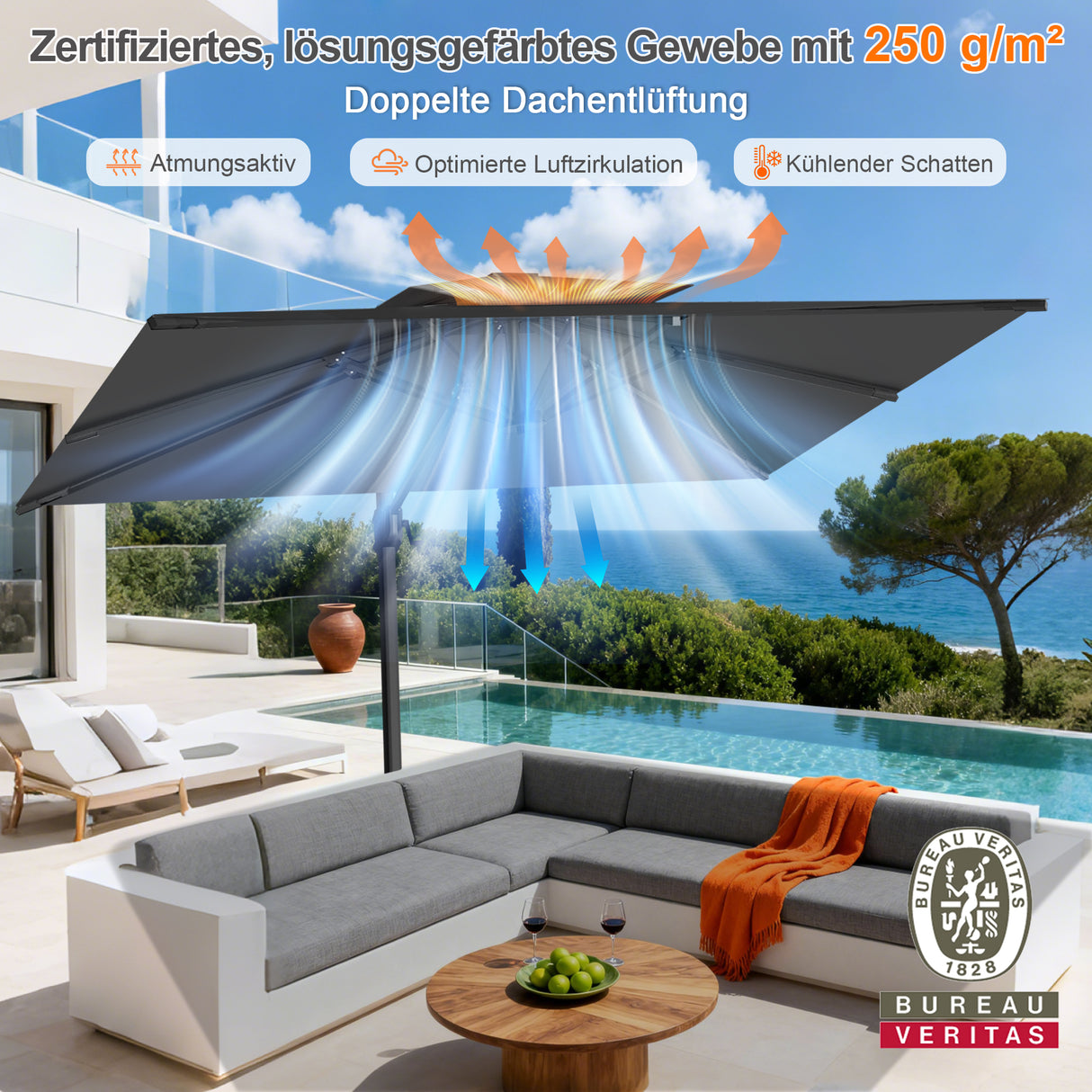 Patioslife Aegis Pro Ampelschirm -moderner Sonnenschirm mit Kreuzfuß und verstärktem