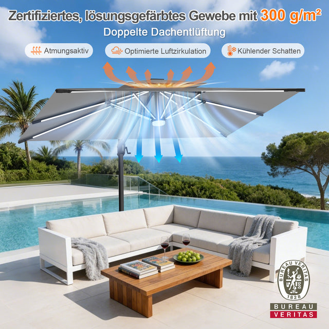 Patioslife Aegis Premium Ampelschirm mit integrierter LED-Beleuchtung, Fiberglasstreben, pulverbeschichtetem Aluminiumgestell und Schutzhülle
