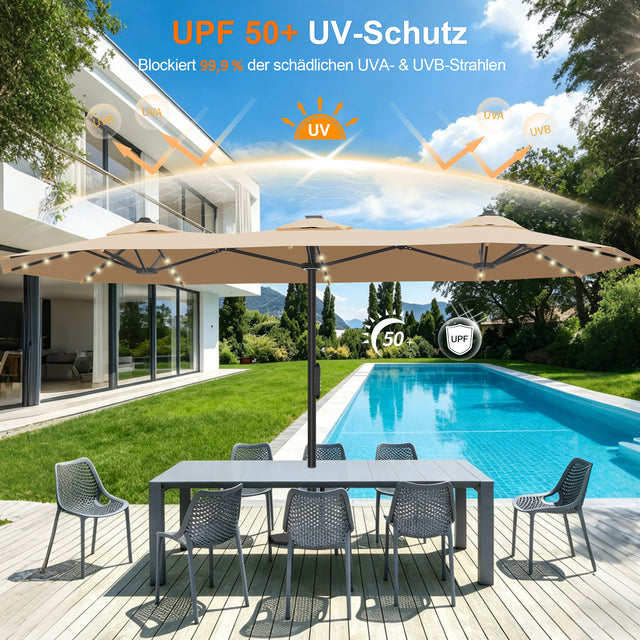 Patioslife Aegis – Motorisierter Doppeldach-Sonnenschirm mit Fernbedienung, UPF 50+, Solar-LED-Beleuchtung und sturmfestem Gestell