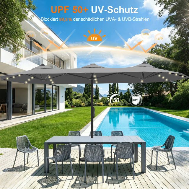 Patioslife Aegis – Motorisierter Doppeldach-Sonnenschirm mit Fernbedienung, UPF 50+, Solar-LED-Beleuchtung und sturmfestem Gestell