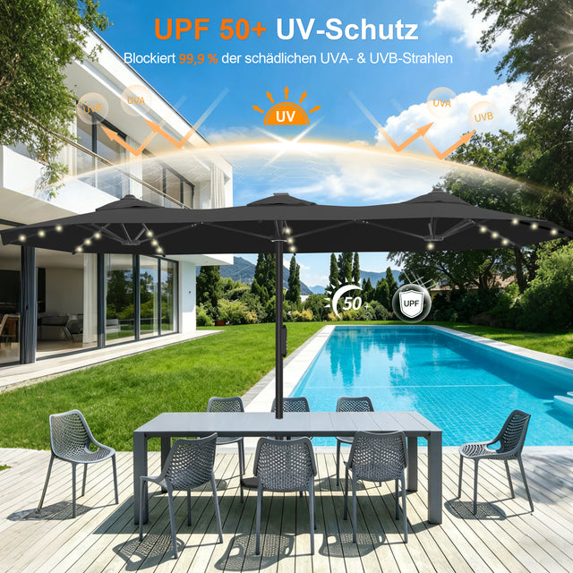 Patioslife Aegis – Motorisierter Doppeldach-Sonnenschirm mit Fernbedienung, UPF 50+, Solar-LED-Beleuchtung und sturmfestem Gestell