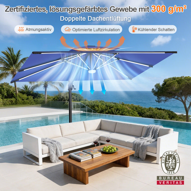 Patioslife Aegis Premium Ampelschirm mit integrierter LED-Beleuchtung, Fiberglasstreben, pulverbeschichtetem Aluminiumgestell und Schutzhülle
