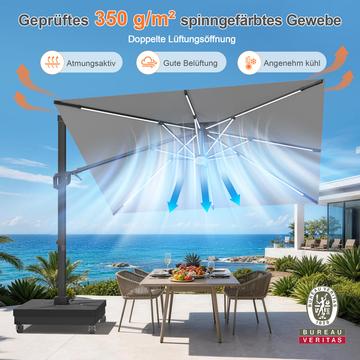 Patioslife Aegis Signature Drehbarer Ampelschirm mit verstellbarem Neigungswinkel | Großer Sonnenschirm für Garten, Terrasse & Poolbereich | Inkl. Premium-Schutzhülle