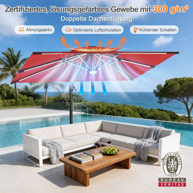 Patioslife Aegis Premium Ampelschirm mit integrierter LED-Beleuchtung, Fiberglasstreben, pulverbeschichtetem Aluminiumgestell und Schutzhülle