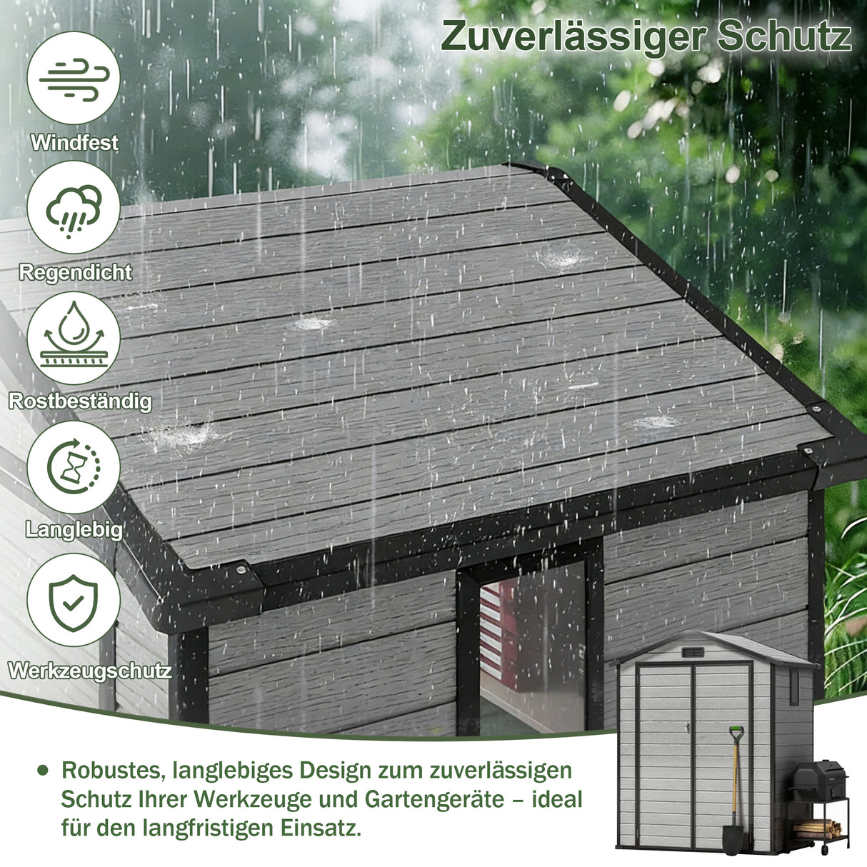 Patioslife YardVault Gerätehaus aus wetterfestem Kunstharz – mit Boden, Schloss und Fenster