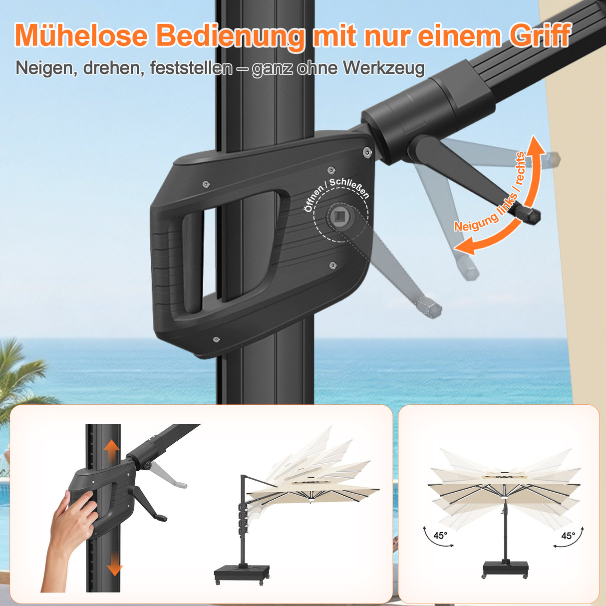 Patioslife Aegis Signature Drehbarer Ampelschirm mit verstellbarem Neigungswinkel | Großer Sonnenschirm für Garten, Terrasse & Poolbereich | Inkl. Premium-Schutzhülle