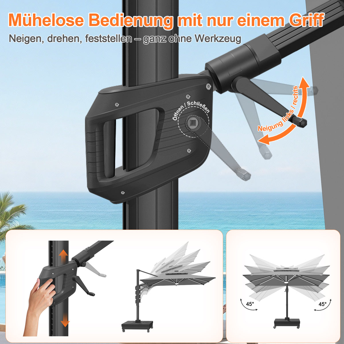 Patioslife Aegis Signature Drehbarer Ampelschirm mit verstellbarem Neigungswinkel | Großer Sonnenschirm für Garten, Terrasse & Poolbereich | Inkl. Premium-Schutzhülle