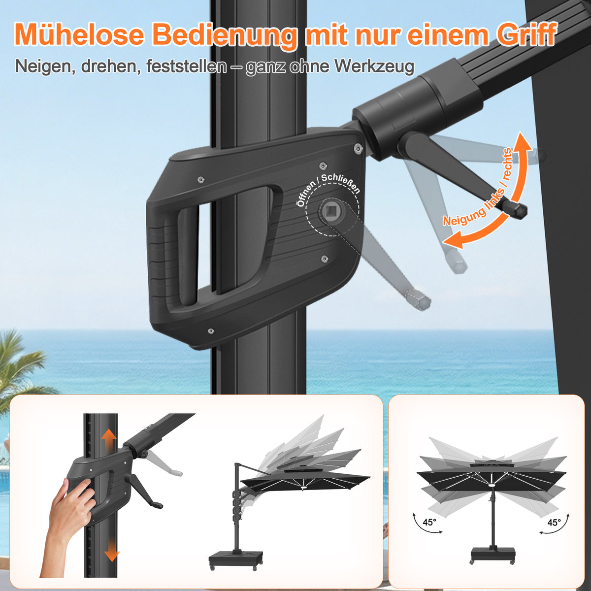 Patioslife Aegis Signature Drehbarer Ampelschirm mit verstellbarem Neigungswinkel | Großer Sonnenschirm für Garten, Terrasse & Poolbereich | Inkl. Premium-Schutzhülle