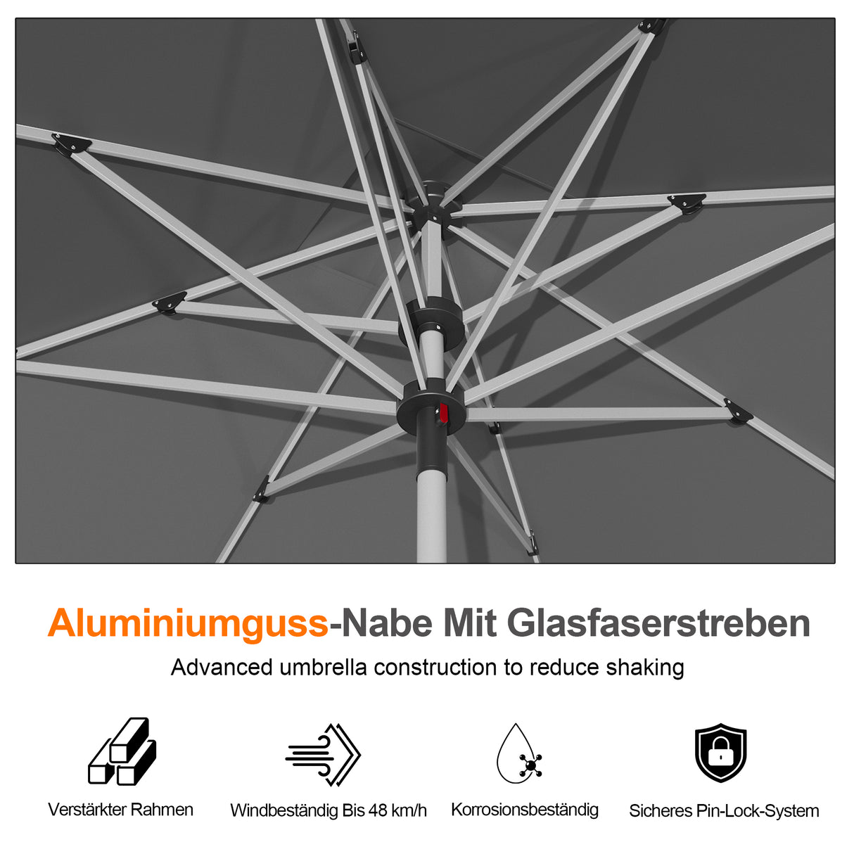 Patioslife Sonnenschirm – quadratisch & rund | Robuster Aluminiummast, doppelt belüftetes Schirmdach | 2,7 m, 3 m & 3,35 m