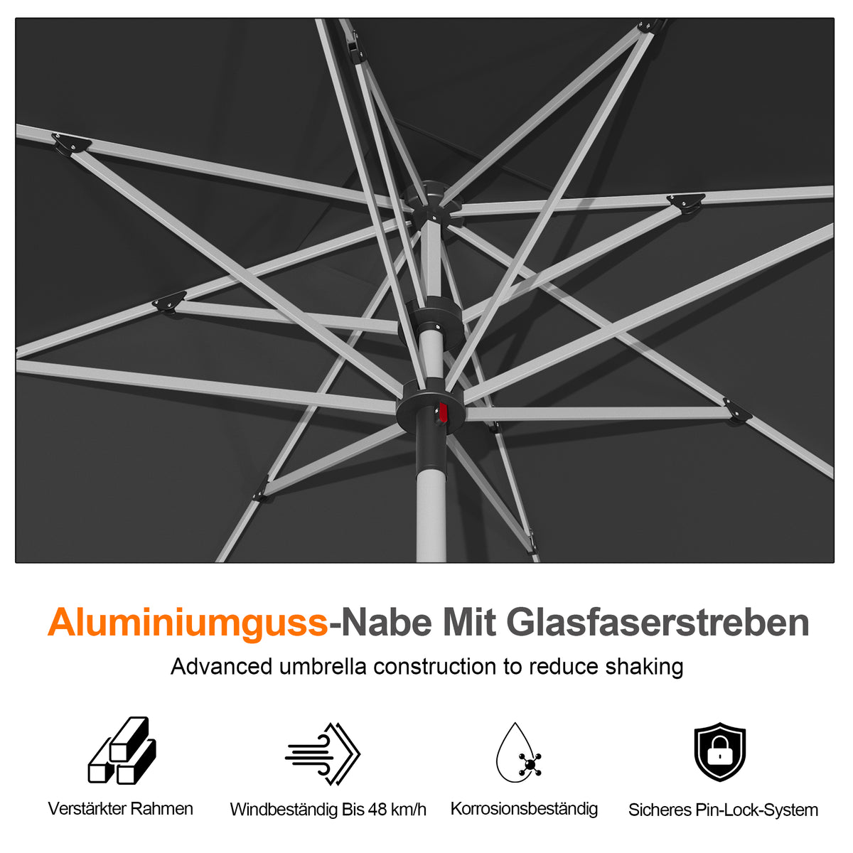 Patioslife Sonnenschirm – quadratisch & rund | Robuster Aluminiummast, doppelt belüftetes Schirmdach | 2,7 m, 3 m & 3,35 m