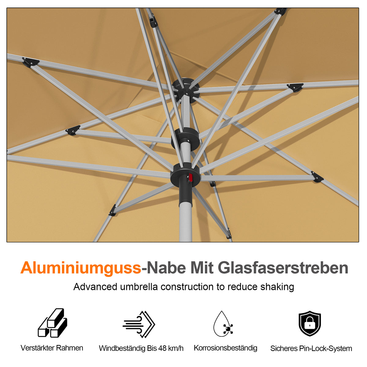 Patioslife Sonnenschirm – quadratisch & rund | Robuster Aluminiummast, doppelt belüftetes Schirmdach | 2,7 m, 3 m & 3,35 m
