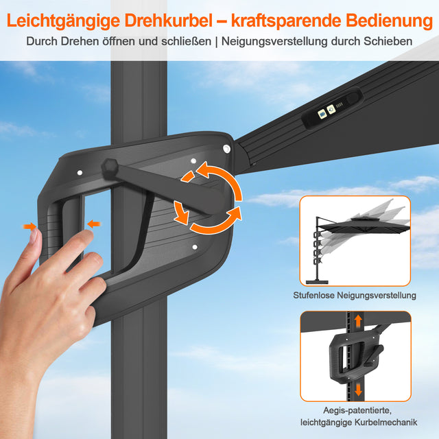 Patioslife Aegis Premium Ampelschirm mit integrierter LED-Beleuchtung, Fiberglasstreben, pulverbeschichtetem Aluminiumgestell und Schutzhülle