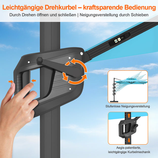 Patioslife Aegis Premium Ampelschirm mit integrierter LED-Beleuchtung, Fiberglasstreben, pulverbeschichtetem Aluminiumgestell und Schutzhülle