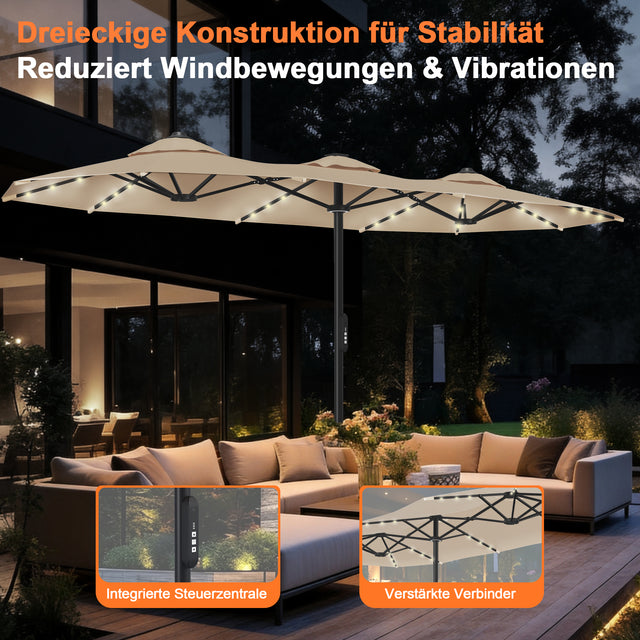 Patioslife Aegis – Motorisierter Doppeldach-Sonnenschirm mit Fernbedienung, UPF 50+, Solar-LED-Beleuchtung und sturmfestem Gestell