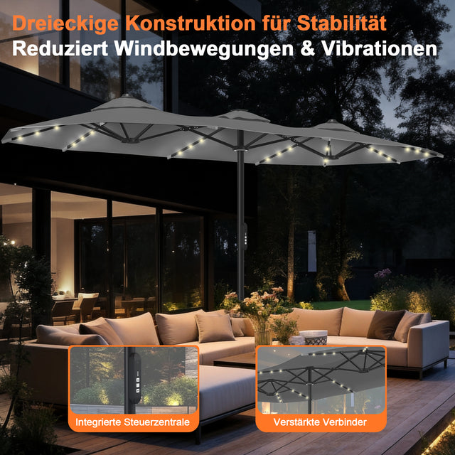 Patioslife Aegis – Motorisierter Doppeldach-Sonnenschirm mit Fernbedienung, UPF 50+, Solar-LED-Beleuchtung und sturmfestem Gestell