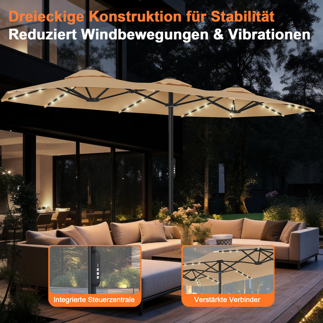 Patioslife Aegis – Motorisierter Doppeldach-Sonnenschirm mit Fernbedienung, UPF 50+, Solar-LED-Beleuchtung und sturmfestem Gestell