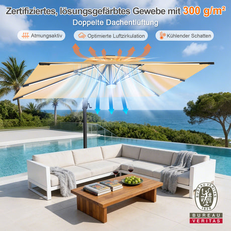 Patioslife Aegis Premium Ampelschirm mit integrierter LED-Beleuchtung, Fiberglasstreben, pulverbeschichtetem Aluminiumgestell und Schutzhülle