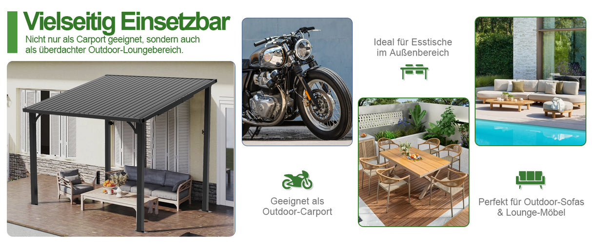 Patioslife Haven™ Hardtop-Pavillon aus Aluminium – wandmontiert mit festem Dach, für Garten und Terrasse