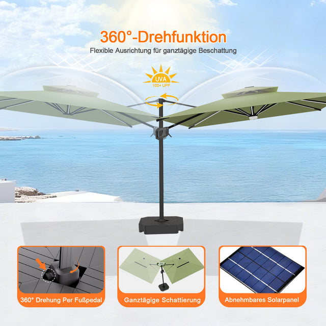 Patioslife Aegis Premium Ampelschirm mit integrierter LED-Beleuchtung, Fiberglasstreben, pulverbeschichtetem Aluminiumgestell und Schutzhülle